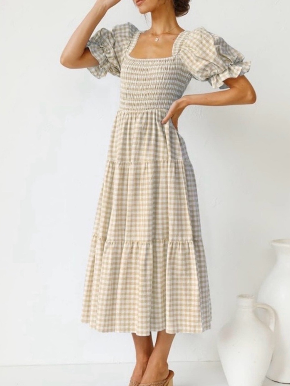 ZESICA Women's Bohemian
Summer Plaid Square Neck Puff
Sleeve Ruffle Flowy Dres